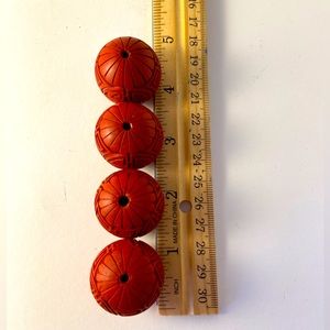 4 VINTAGE Orange ASIAN Beads GEOMETRIC Carved Symbol for LONGEVITY